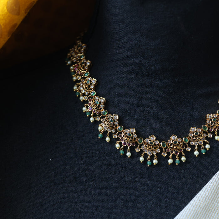 Antique green bead short necklace with earrings AG001