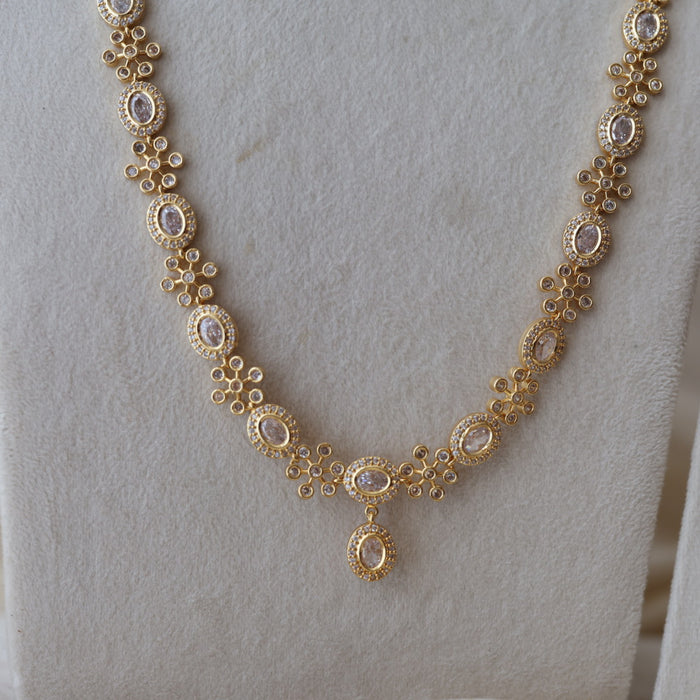 Heritage gold plated white stone long and short necklace with earrings HLS2803