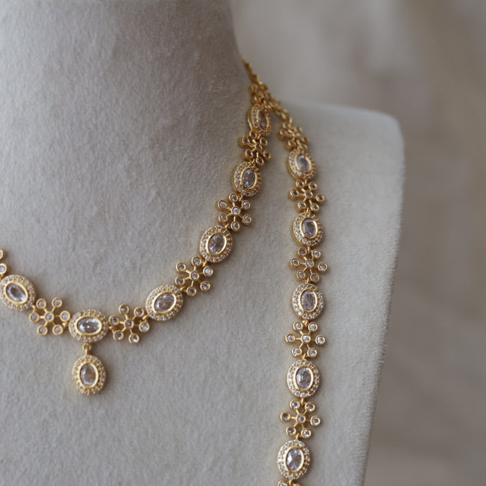 Heritage gold plated white stone long and short necklace with earrings HLS2803