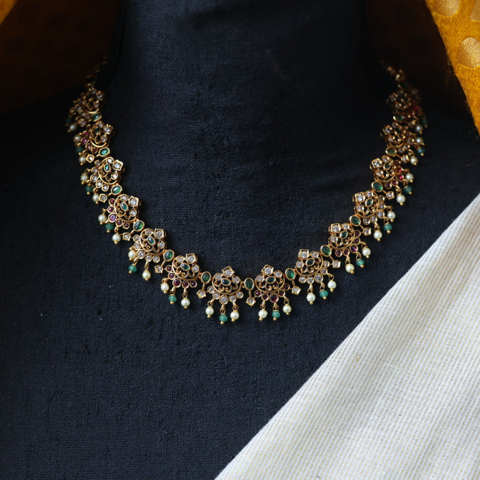Antique green bead short necklace with earrings AG001