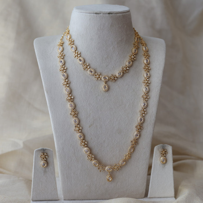 Heritage gold plated white stone long and short necklace with earrings HLS2803