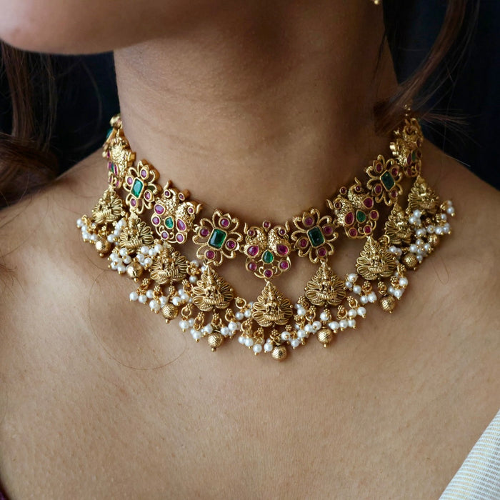 Antique gold temple design short necklace with earrings SIB15576