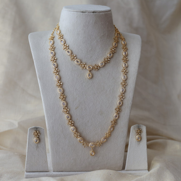 Heritage gold plated white stone long and short necklace with earrings HLS2803