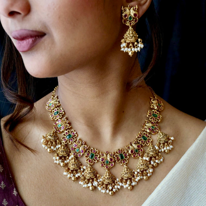 Antique gold temple design short necklace with earrings SIB15576