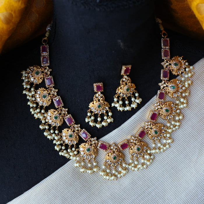 Antique pearl ruby stone short necklace with earrings S1B1099