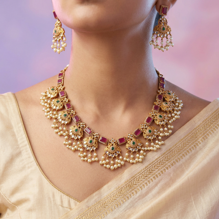 Antique pearl ruby stone short necklace with earrings S1B1099