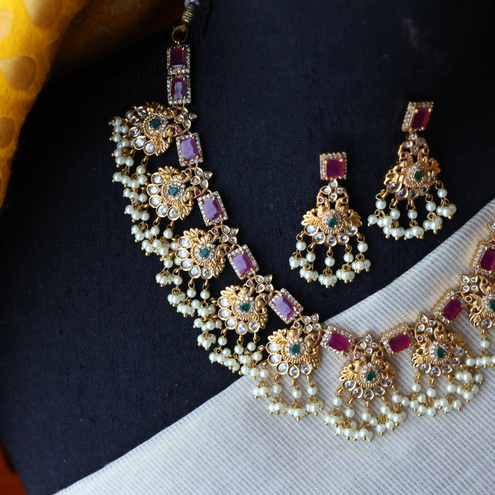 Antique pearl ruby stone short necklace with earrings S1B1099