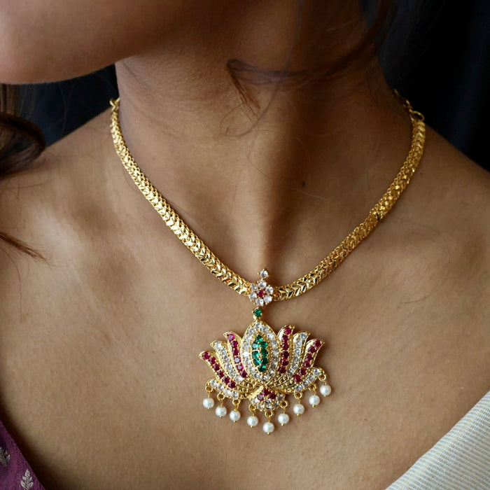 Heritage gold plated ruby green white stone short necklace with earrings H571