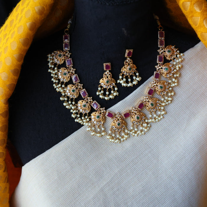 Antique pearl ruby stone short necklace with earrings S1B1099