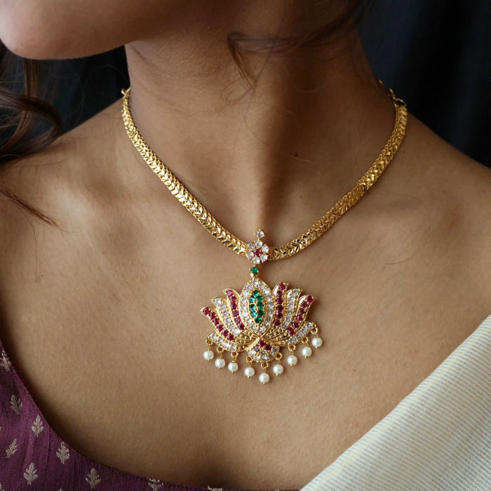 Heritage gold plated ruby green white stone short necklace with earrings H571