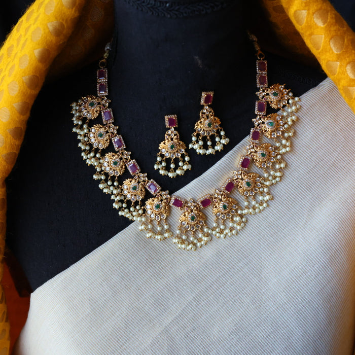 Antique pearl ruby stone short necklace with earrings S1B1099
