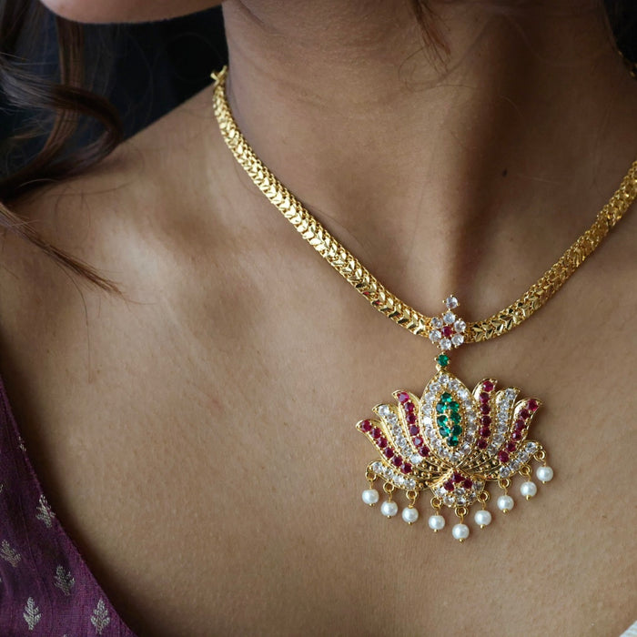 Heritage gold plated ruby green white stone short necklace with earrings H571