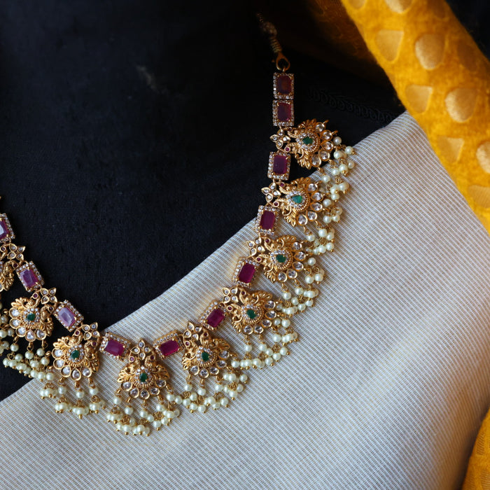 Antique pearl ruby stone short necklace with earrings S1B1099