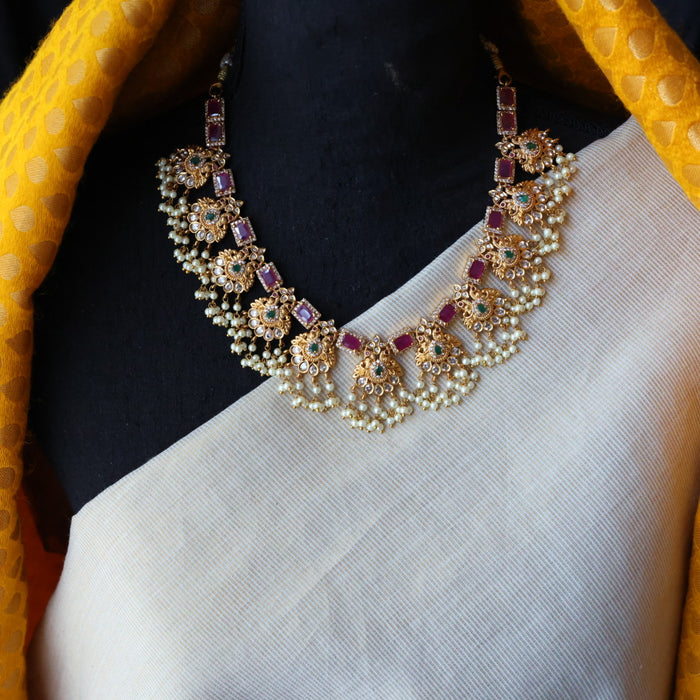 Antique pearl ruby stone short necklace with earrings S1B1099