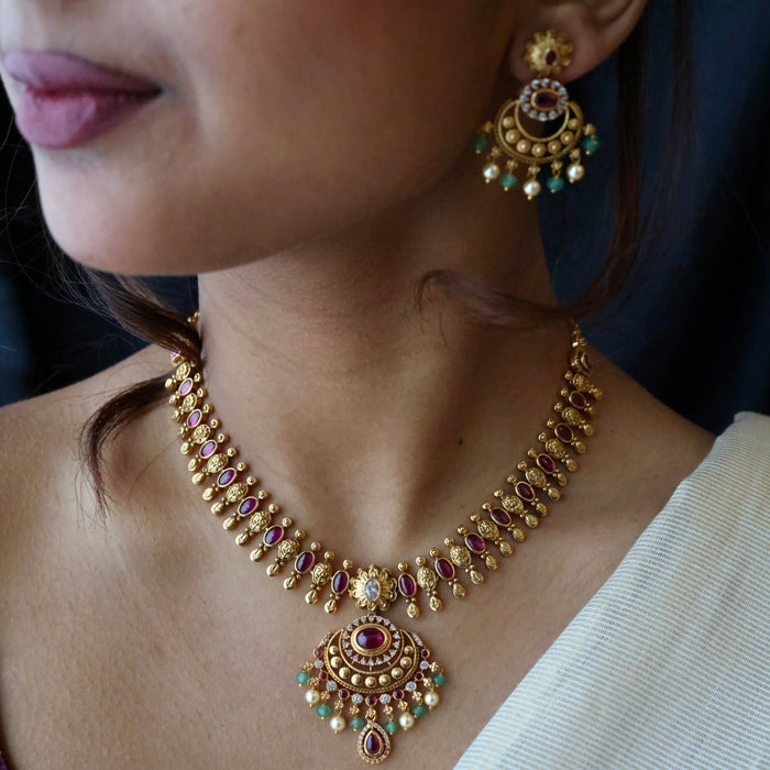 Antique ruby green pearl short necklace with earrings TT020332