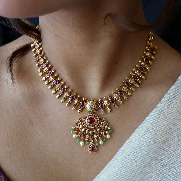 Antique ruby green pearl short necklace with earrings TT020332