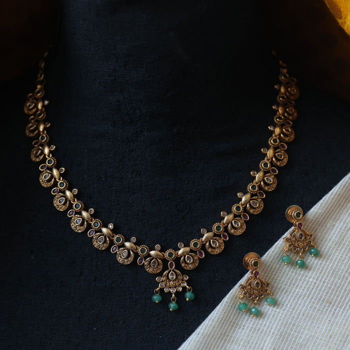 Antique green bead simple necklace with earrings AG262