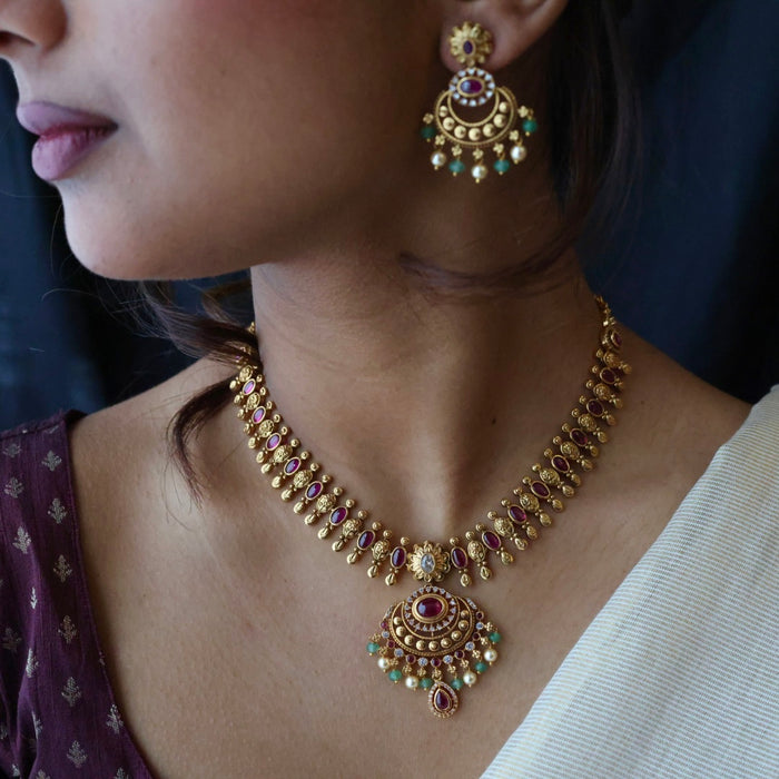 Antique ruby green pearl short necklace with earrings TT020332