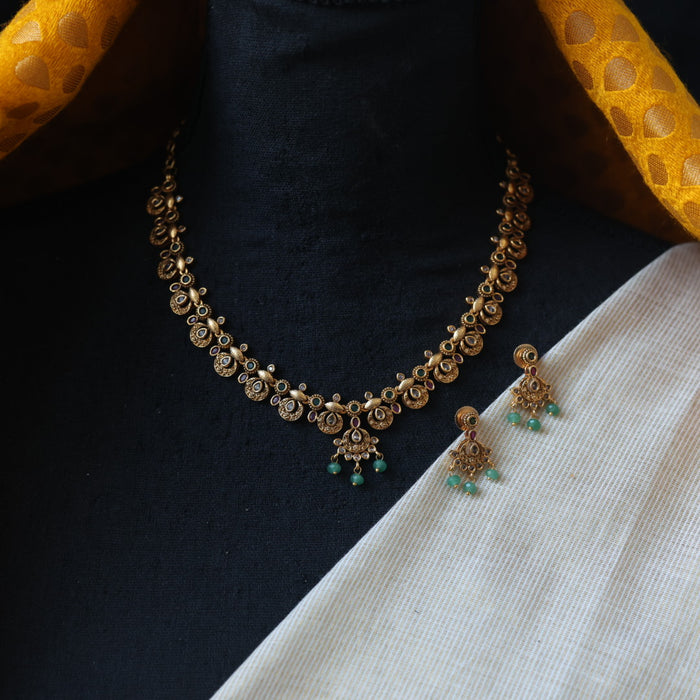Antique green bead simple necklace with earrings AG262