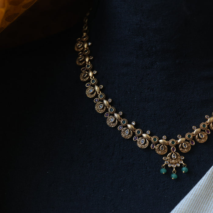 Antique green bead simple necklace with earrings AG262