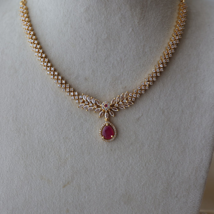 Heritage gold plated ruby white stone short necklace with earrings H80313