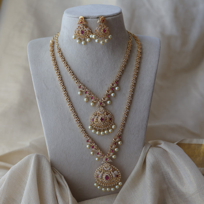 Heritage gold plated ruby white stone long and short necklace with earrings HLS803
