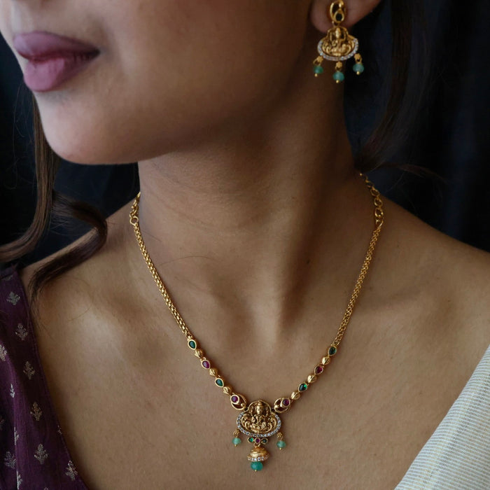 Antique ruby green pearl simple short necklace with earrings TT02057