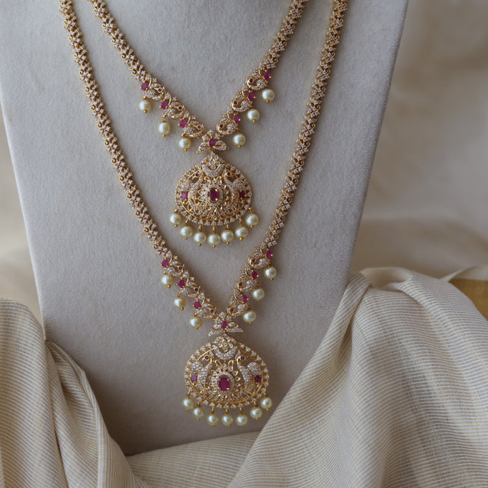 Heritage gold plated ruby white stone long and short necklace with earrings HLS803