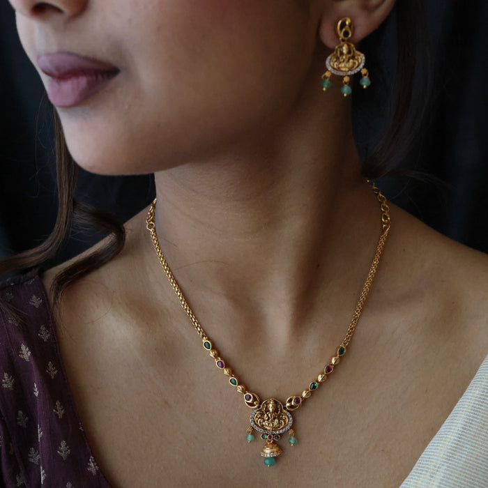 Antique ruby green pearl simple short necklace with earrings TT02057