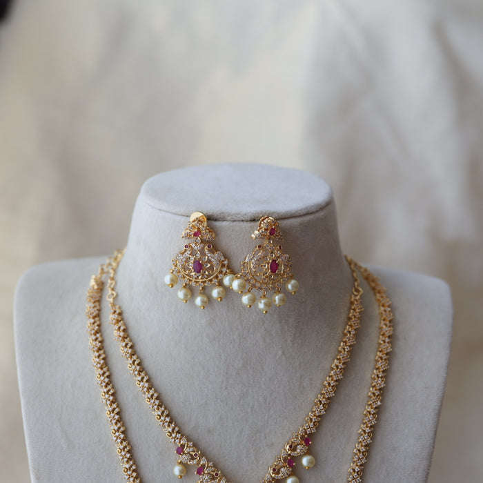 Heritage gold plated ruby white stone long and short necklace with earrings HLS803
