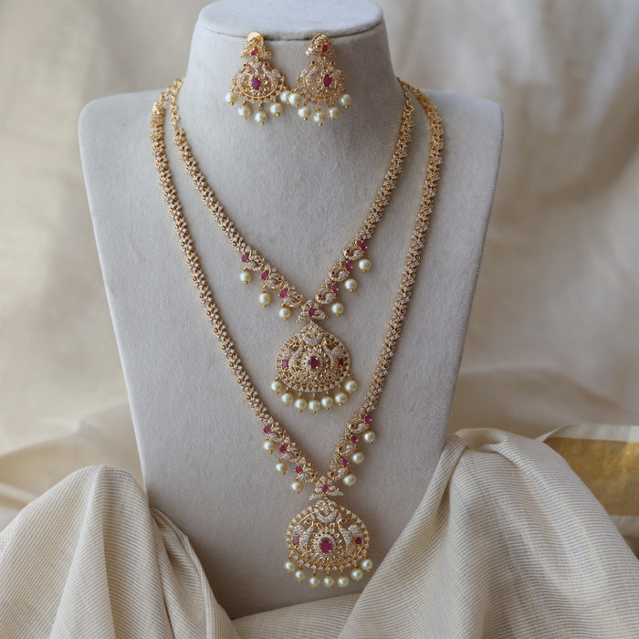 Heritage gold plated ruby white stone long and short necklace with earrings HLS803