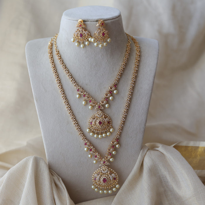 Heritage gold plated ruby white stone long and short necklace with earrings HLS803