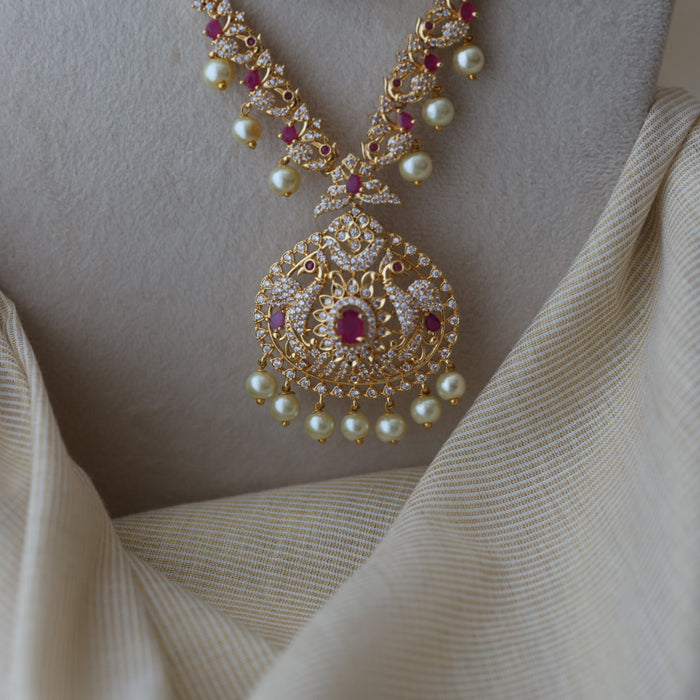 Heritage gold plated ruby white stone long and short necklace with earrings HLS803