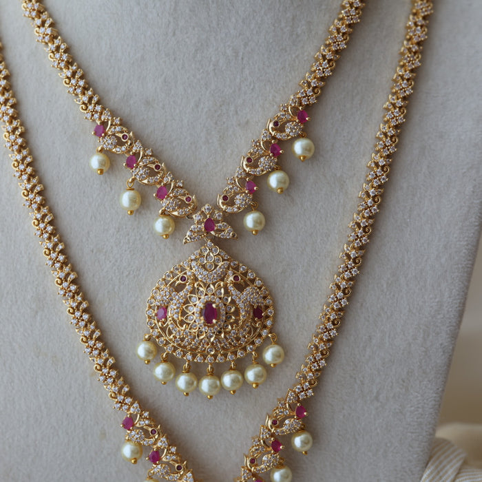 Heritage gold plated ruby white stone long and short necklace with earrings HLS803