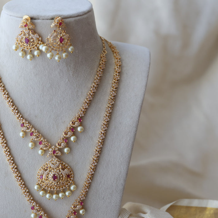 Heritage gold plated ruby white stone long and short necklace with earrings HLS803