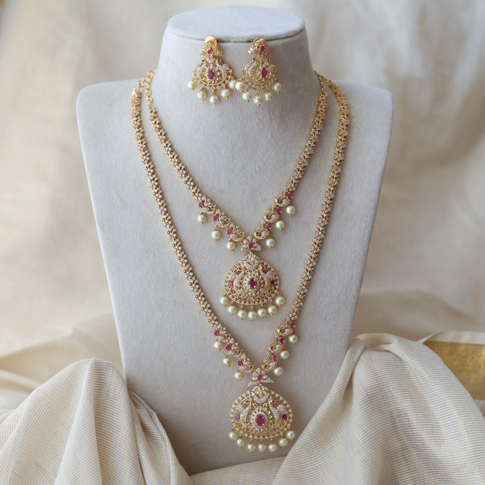 Heritage gold plated ruby white stone long and short necklace with earrings HLS803
