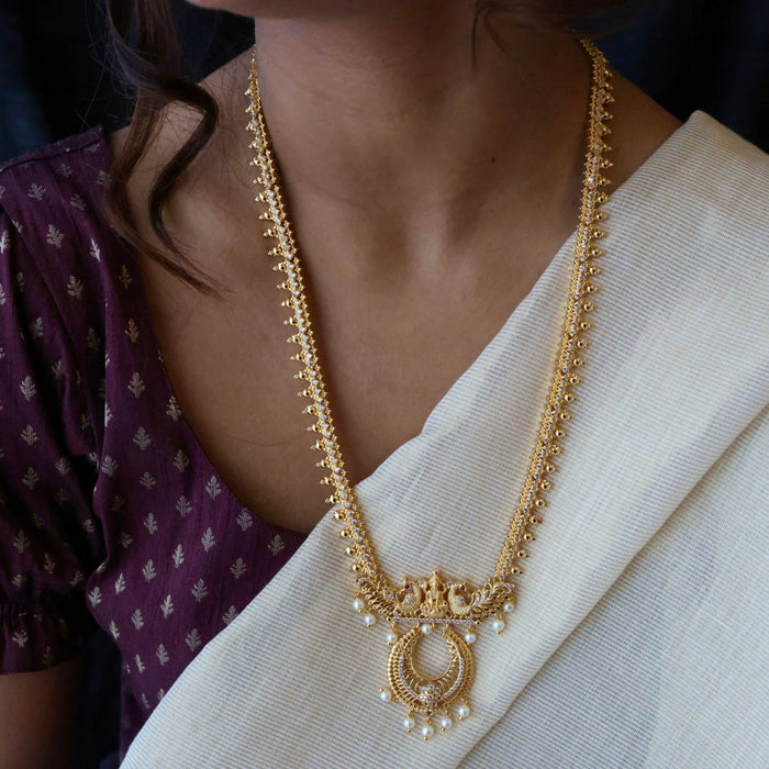 Heritage gold plated white stone long necklace with earrings HL5713