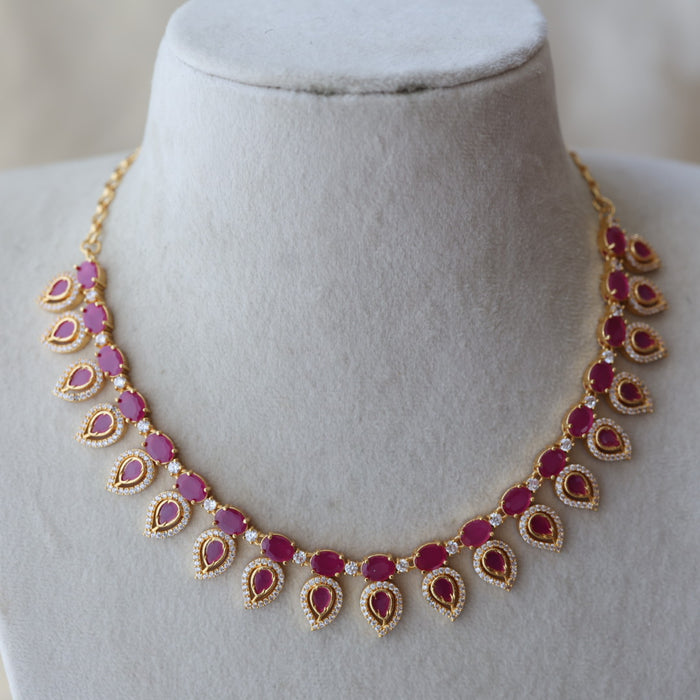 Heritage gold plated ruby white stone short necklace with earrings H244