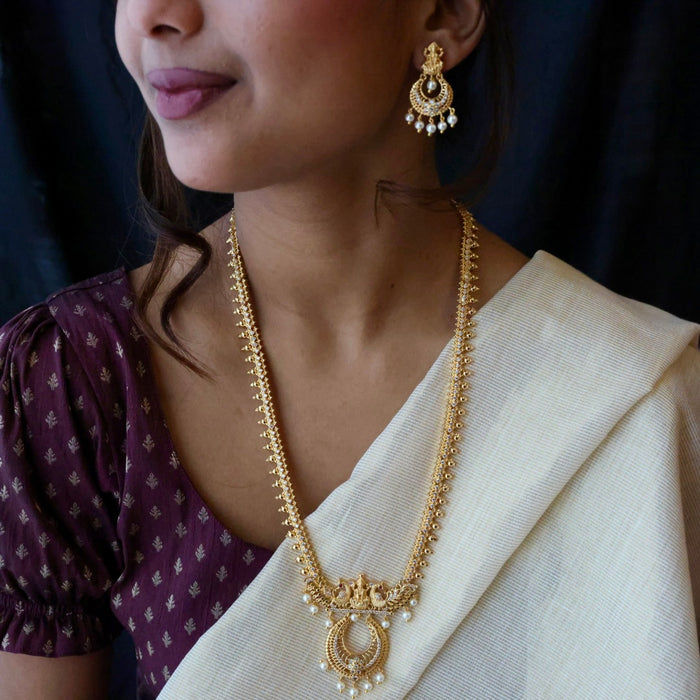 Heritage gold plated white stone long necklace with earrings HL5713