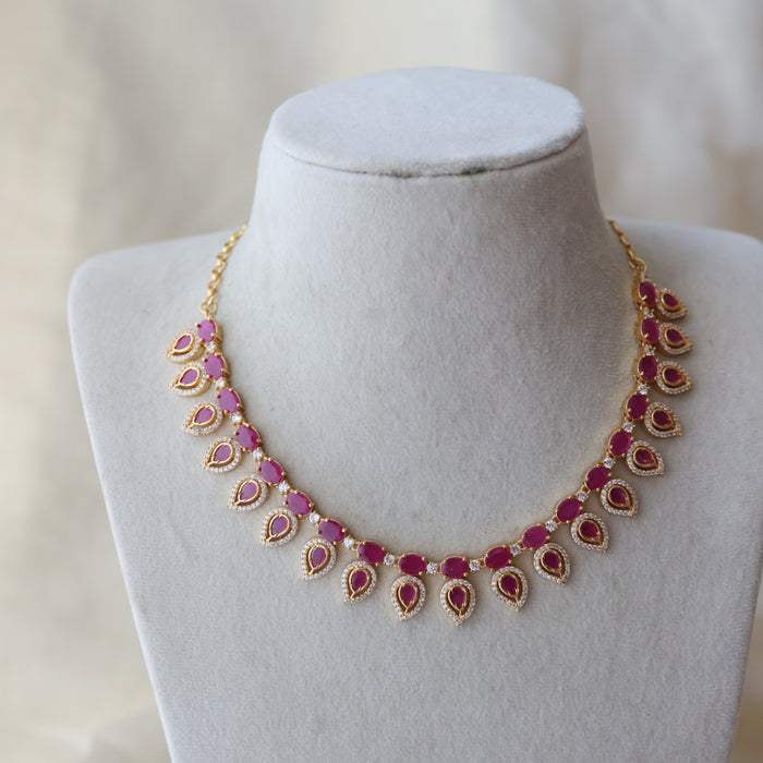 Heritage gold plated ruby white stone short necklace with earrings H244