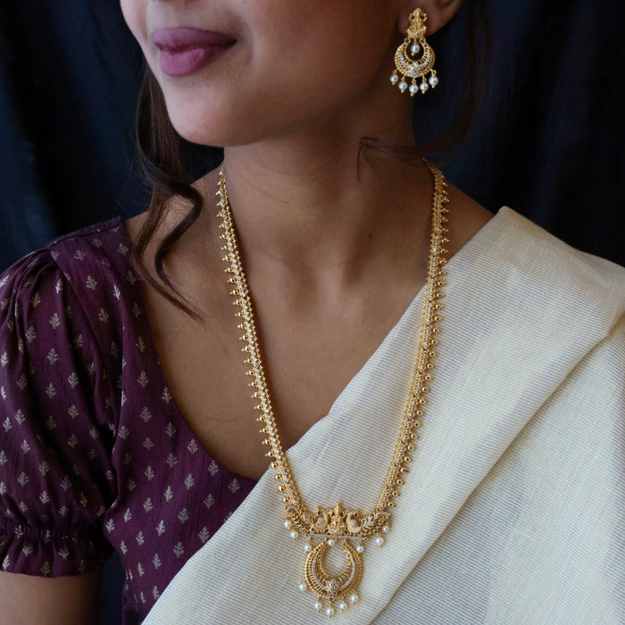 Heritage gold plated white stone long necklace with earrings HL5713