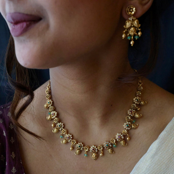 Antique ruby green pearl short necklace with earrings TT020599