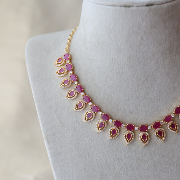 Heritage gold plated ruby white stone short necklace with earrings H244