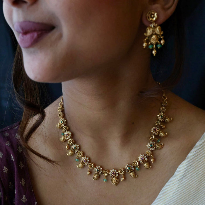 Antique ruby green pearl short necklace with earrings TT020599