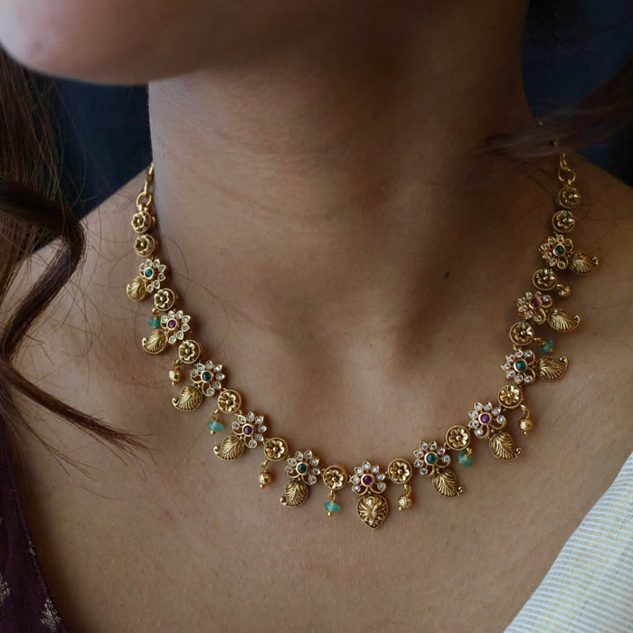 Antique ruby green pearl short necklace with earrings TT020599