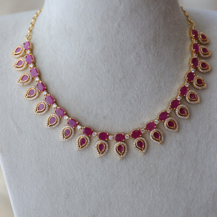 Heritage gold plated ruby white stone short necklace with earrings H244