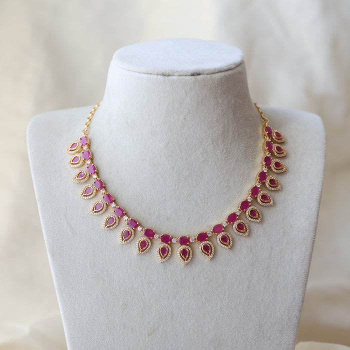 Heritage gold plated ruby white stone short necklace with earrings H244