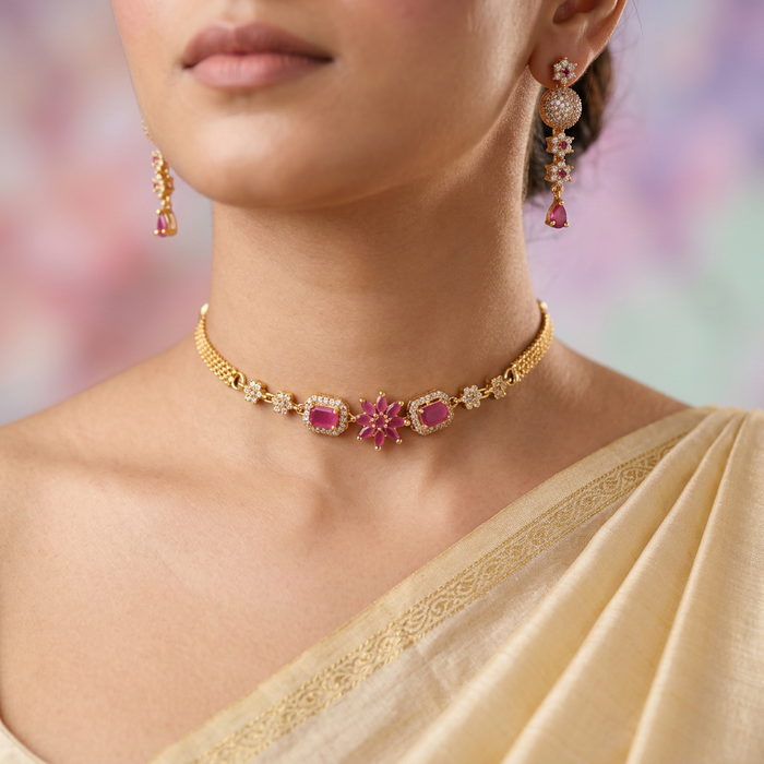 Heritage simple ruby white stone choker necklace with earrings CCB1462