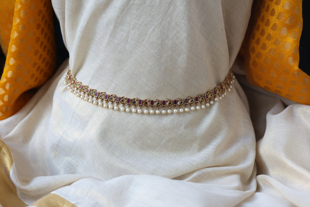 Antique multi stone and pearl waistchain AW3211