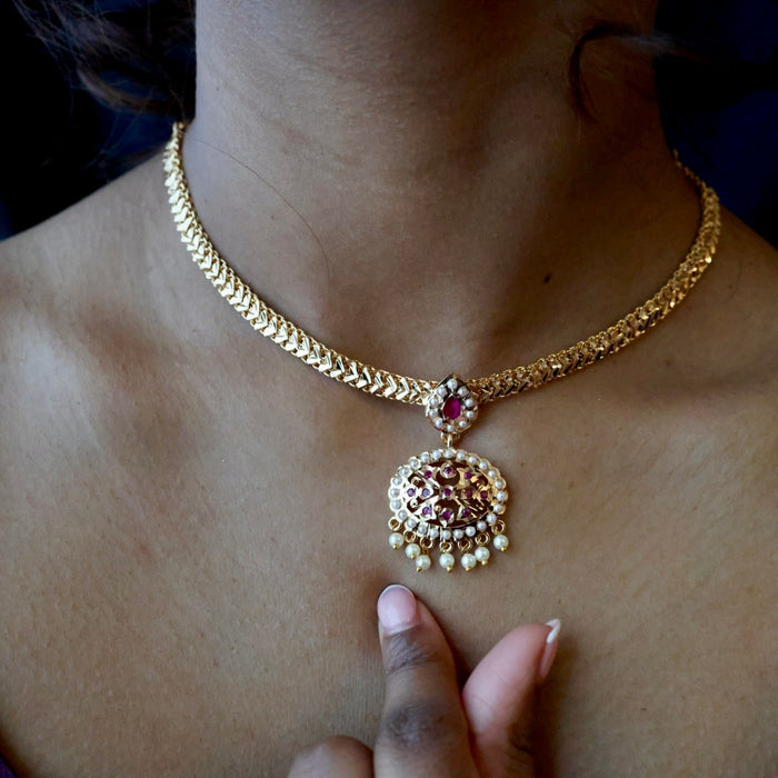 Heritage gold plated ruby stone and pearl short necklace with earrings H0233